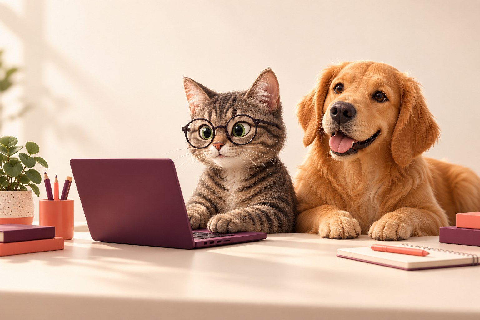 Tommie, de kat met bril, en Banjer, de golden hond, werken samen aan een laptop